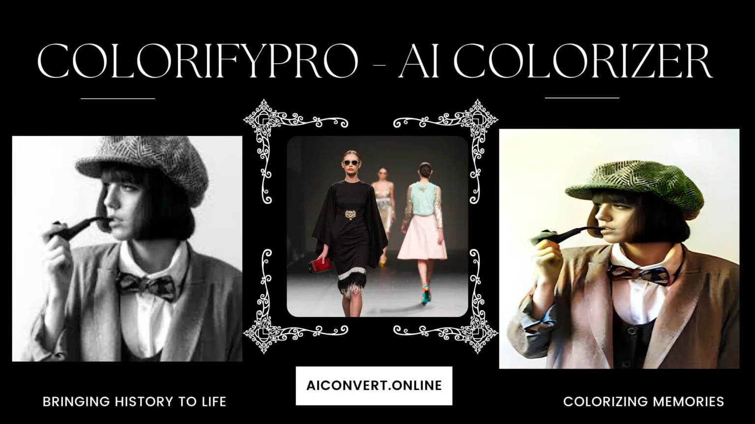 A before-and-after comparison from the AI photo colorizer tool, showing a vintage black and white portrait being transformed into a full-color image.