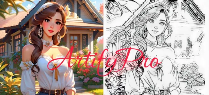 A before-and-after image showing ArtifyPro converting a portrait photo into a detailed artistic sketch.