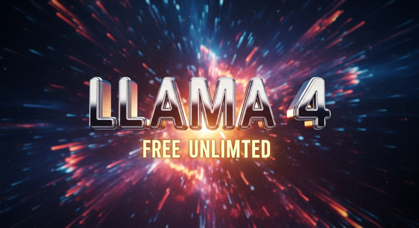 The title "Llama 4: Free Unlimited" in bold, 3D chrome text floating in front of a dynamic, futuristic explosion of light and particles.
